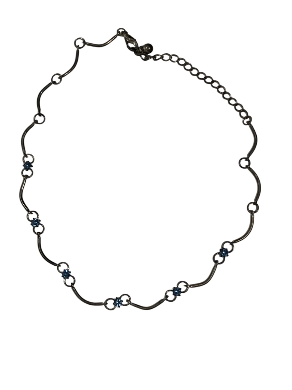 Vintage Dainty Silver Tone Wavy Link Choker Necklace Small Blue Rhinestone